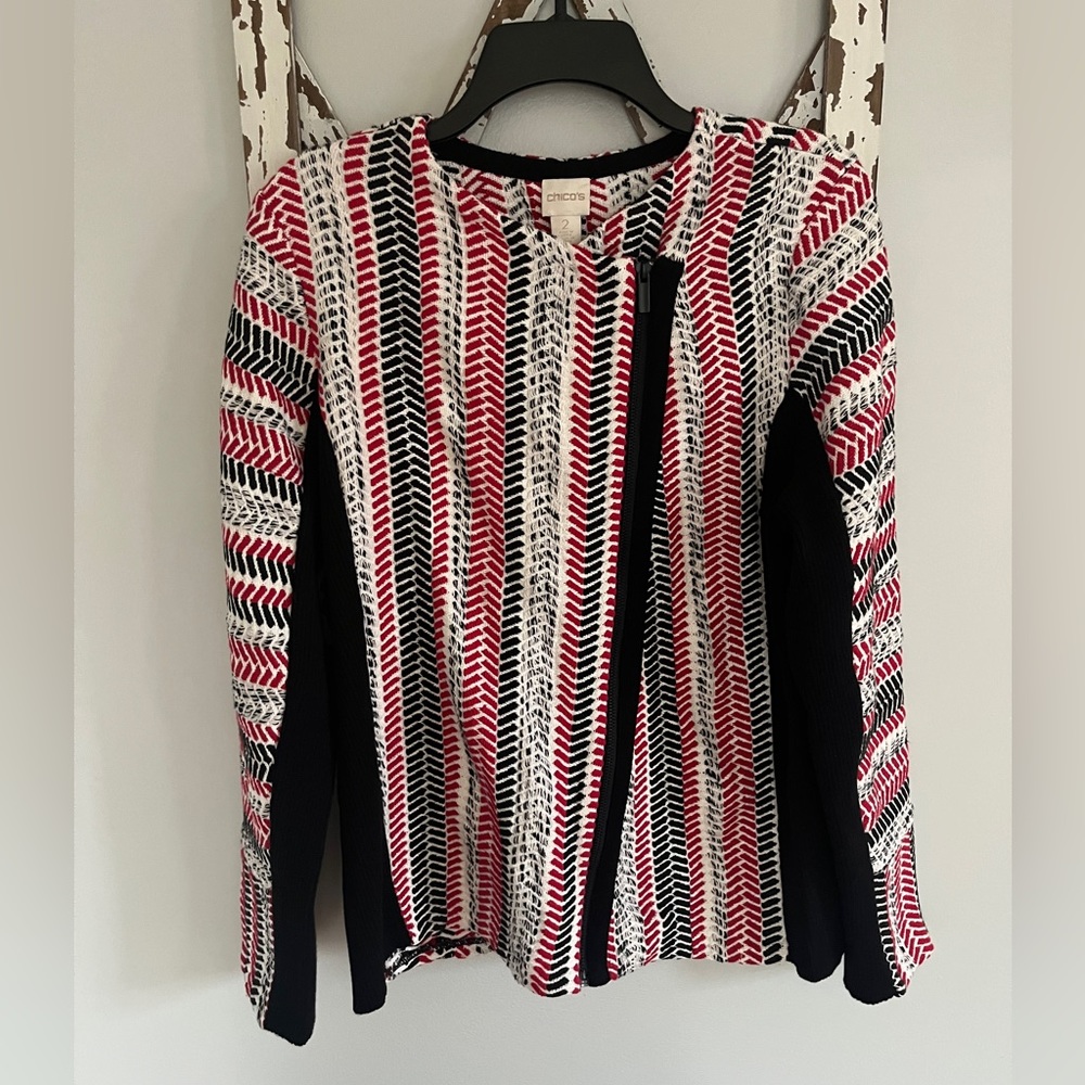 Chico’s Asymmetrical Zip Up Sweater Cardigan Size 2 Red White‎ Black